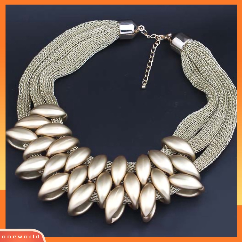 {oneworld} Bib Kalung Multi-layer Braided Alloy Liontin Daun Statement Choker Necklace Untuk Pesta