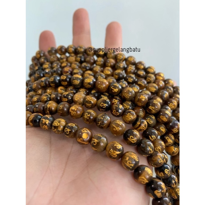 Batu Tibet TIGER EYE COKLAT 8mm Mantra Oak Guru om mani Padme Hum akik