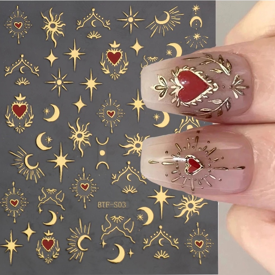 3d Jantung Stiker Untuk Kuku Hari Kasih Sayang Dekorasi Emas Bronzing Bintang Bulan Kuku Slider Kupu-Kupu Manicure Decals