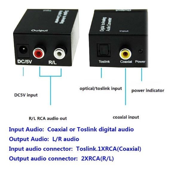 Digital to analog audio adaptor converter - optical coaxial toslink to rca 2 L/R audio