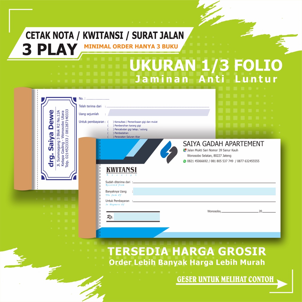 

Nota custom kwitansi 3 ply 1/3 folio buku nota penjualan surat jalan invoice kwitansi