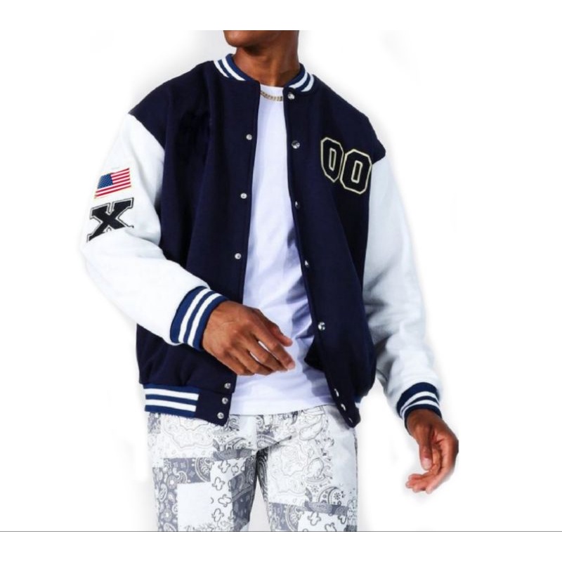 Jaket Varsity Bomber Big Size ( S - 6XL ) ZERO 00 AMERICAN FLAG Hip Hop Jaket Baseball Kancing FLeece Unisex Jacket Boy Girl Pria Wanita Jumbo Abu Muda Putih Mix Kombinasi 2 Warna StreetWear Fashion Urban