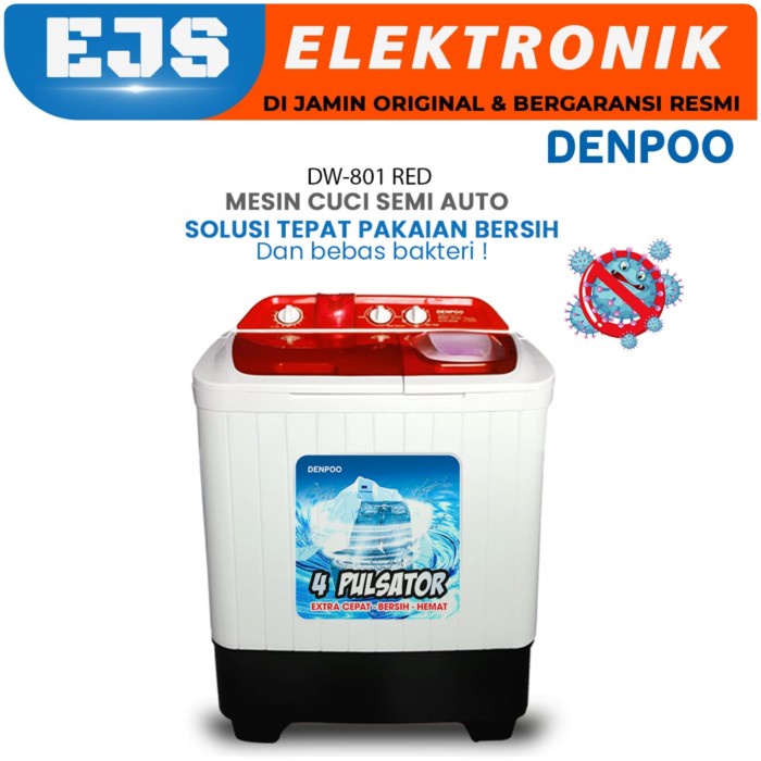 ✿ BISA COD✿ MESIN CUCI 2 TABUNG 8 KG DENPOO DW 801 4P - Merah