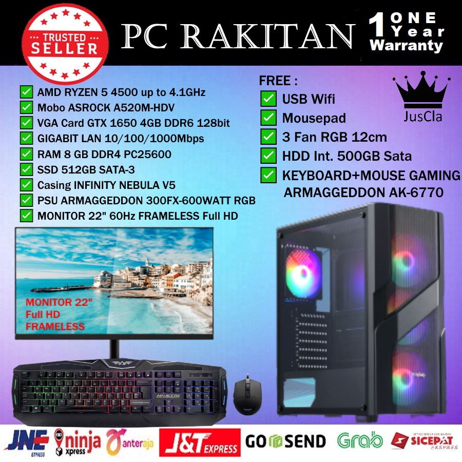 MONITOR 22&quot; + PC KOMPUTER AMD RYZEN 5 4500 4,1GHz|DDR4 8GB|VGA GTX 1650 4GB|SSD 512GB SATA|HDD 500GB|KEY+MOUSE RGB|USB WIFI