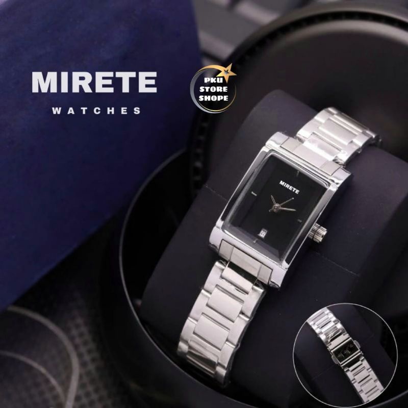 Jam Mirete Edition Fitur Tanggal Full Hitam | Jam Tangan Kasual Wanita Persegi Panjang Strap Baja Ready Stok