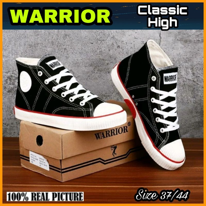 Sepatu Warior Sekolah Kuliah Cowok Cewek Hitam Putih Warrior Classic High Tinggi Ukuran 37 - 44