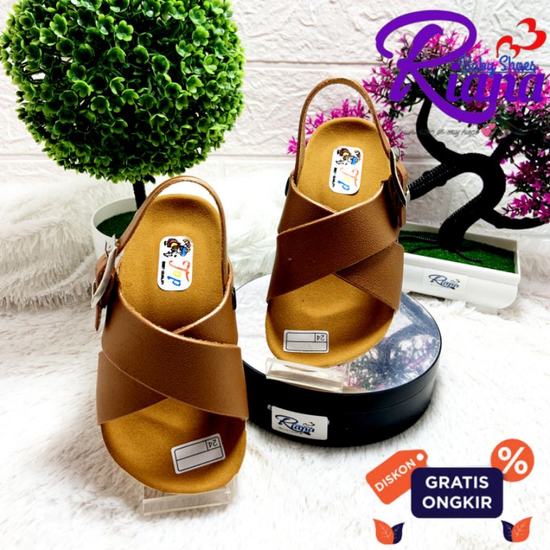 BA53 Sandal Anak Birken kulit sintetis Leather premium tebal motif Silang sintetis gesper murah terbaru usia 10-30 Bulan