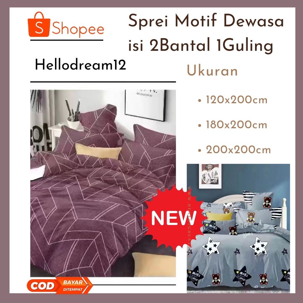 Sprei Motif Dewasa ukuran 120x200, 180x200, 200x200cm Isi Sarung Bantal 2pcs Guling 1pcs/sprei kotak