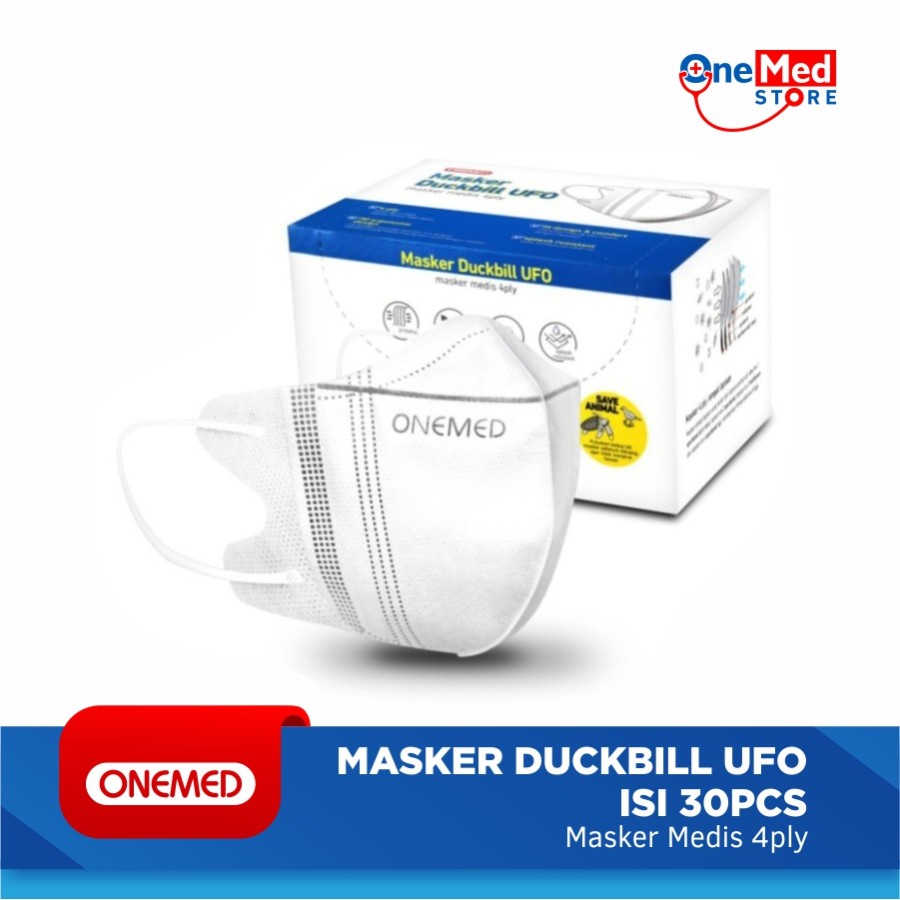 Masker Karet Medis Duckbill UFO Putih 4ply OneMed Box Isi 30 Lembar