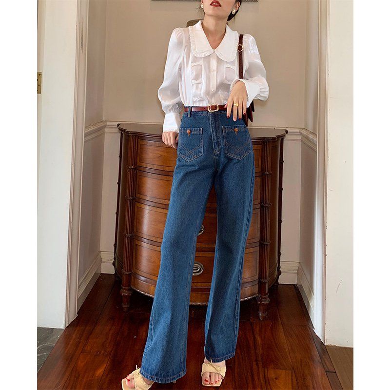 Red Tide Merek Gaya Hong Kong Fashion Temperamen Lebar Kaki Celana Jeans Wanita Longgar Tabung Lurus Slim Retro Pinggang Tinggi menggantungkan Lantai Mengepel Celana