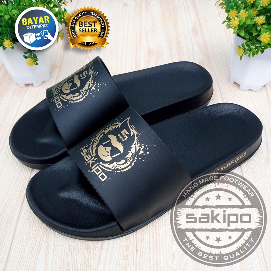 PROMO 2.2 COD SALE !! SANDAL DISTRO PRIA DEWASA REMAJA SLIDE HITAM EMAS TRENDI KEKINIAN RINGAN NYAMAN DIPAKAI / SANDAL TAHAN AIR TRENDI  / SAKIPO