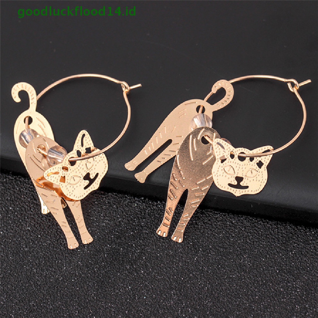 [GOOGFOUR] Lingkaran Emas Hewan Kucing Liontin Anting Mutiara Kait Drop Menjuntai Earrings Jewelry [TOP]