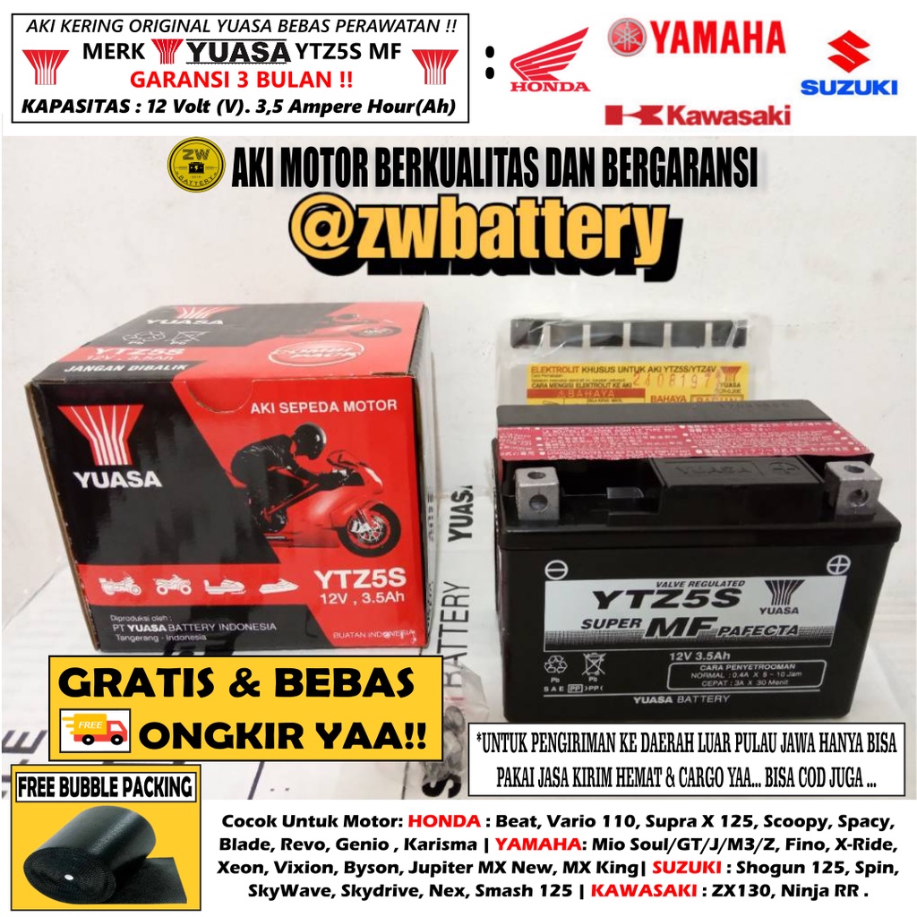 AKI MOTOR VARIO 110, SCOOPY, SUPRA X 125, KHARISMA, GENIO YTZ5S YUASA ORI MF