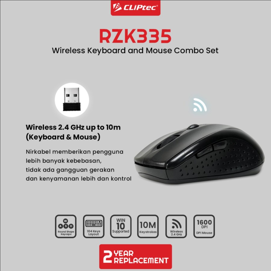 Mouse keyboard cliptec wireless 2.4ghz combo membrane fullsize 104 keys round 1600dpi optical 6d rzk335 rzk-335