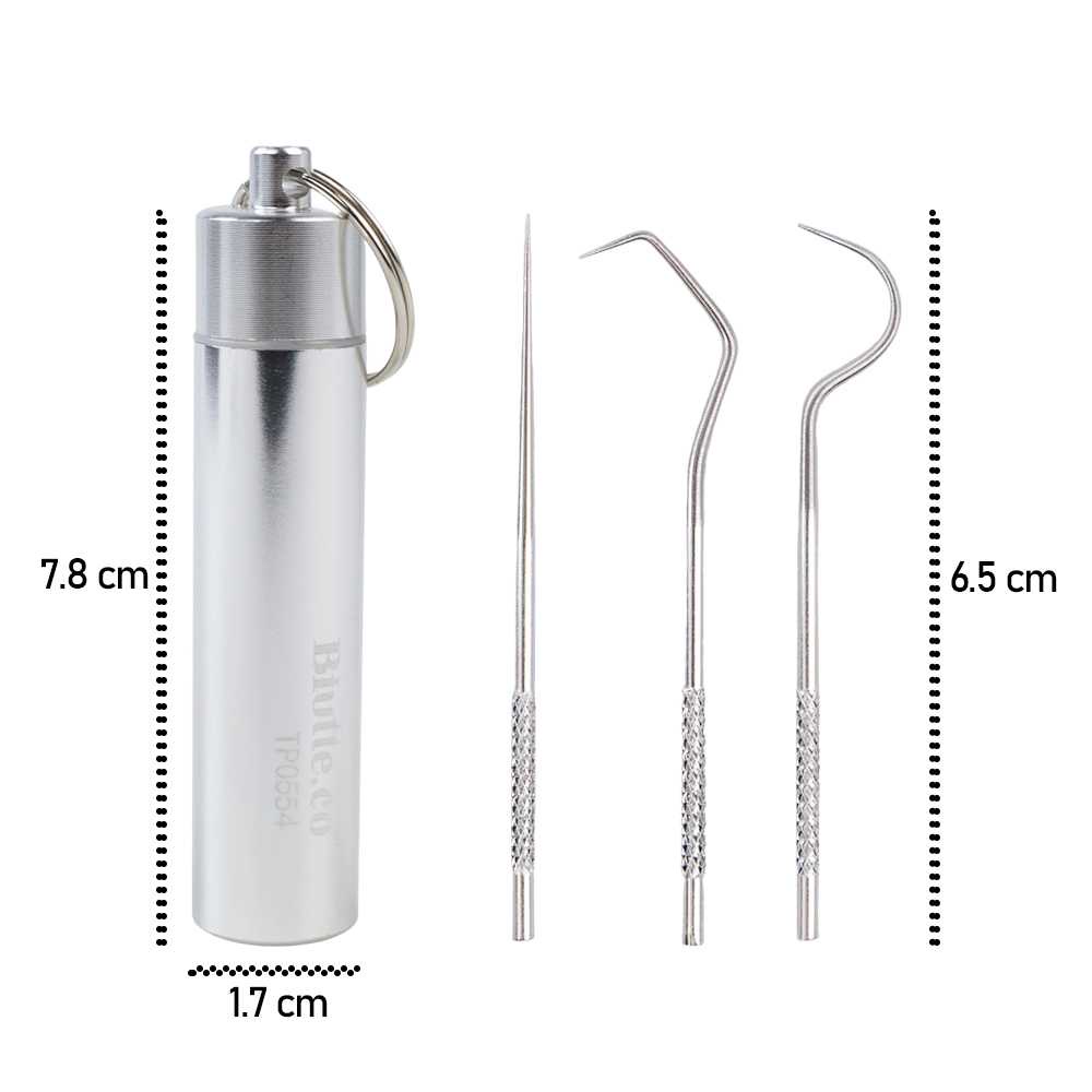 3 in 1 Tusuk Gigi Besi Stainless Steel dengan Wadah Portable Toothpick