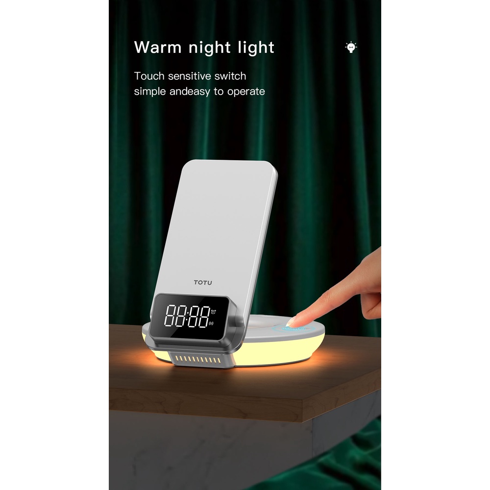 Wireless Charger TOTU 3in1 Jam Digital Alarm Lampu Tidur Night Lamp