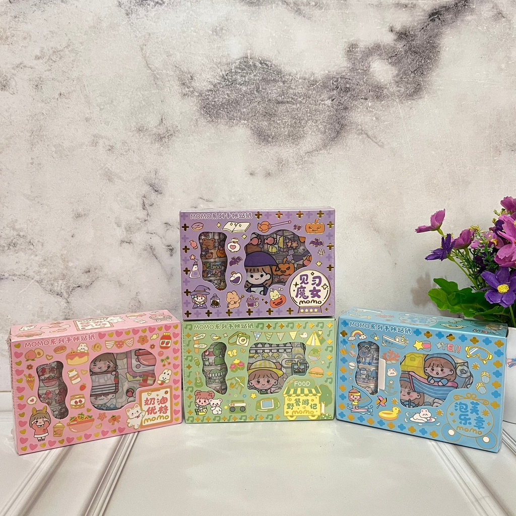 Sticker Box MOMO 10 lembar + 4 Washi Tape - PINK UNGU BIRU HIJAU REQUEST - stiker boks 1 set lucu ga