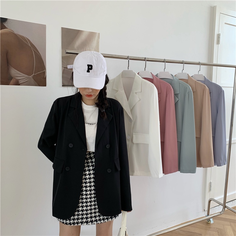 Tianshun Putih Hijau Hitam Biru Korea Blazer Wanita Lengan Panjang Set Blazer Casual Lengan Panjan