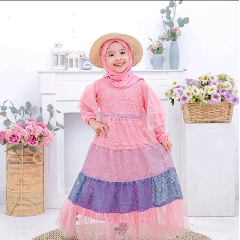Gamis anak warna lilac ameera tutu premium include hijab