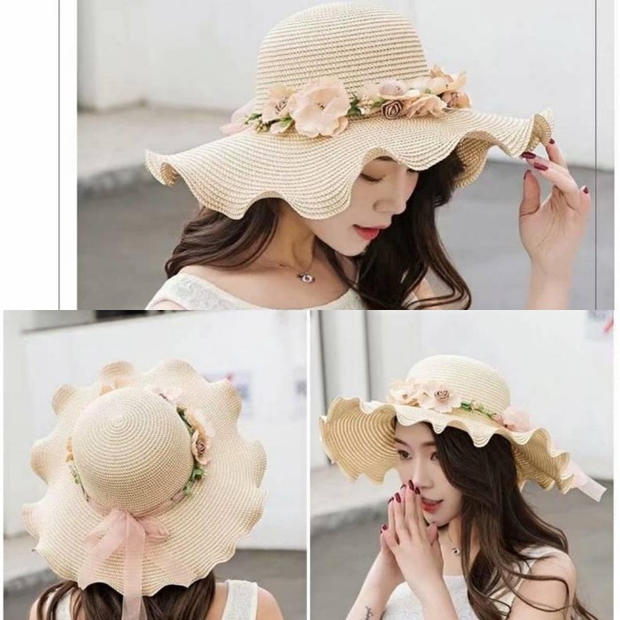 Topi Topi Pantai Jerami Bunga Flower Gelombang Korea Import Wanita Fashion