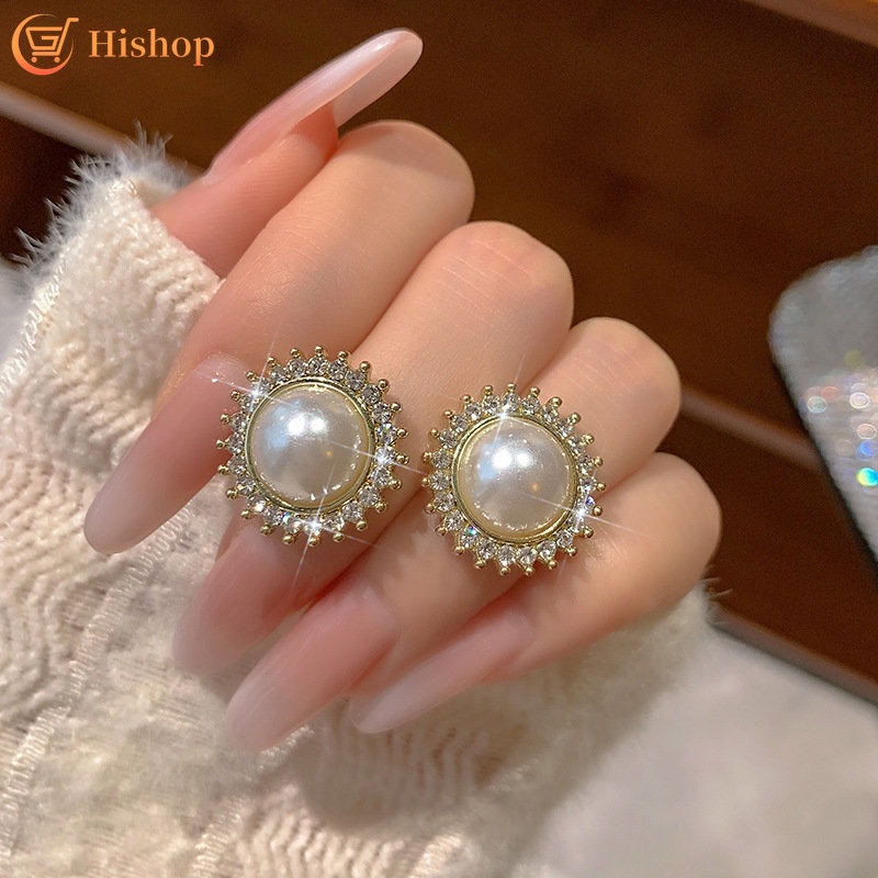 Anting Mutiara Kristal Mewah Untuk Wanita Bunga Bulat Emas Stud Earring Fashion Aksesoris Perhiasan