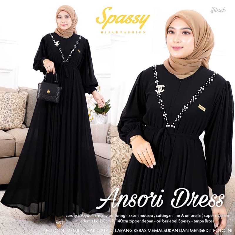 Ansori Dress Kondangan Sage Gamis Wanita Kekinian Busui Friendly Gaun Pesta Muslimah Ceruty Babydoll Aksen Mutiara Baju Wanita Jumbo