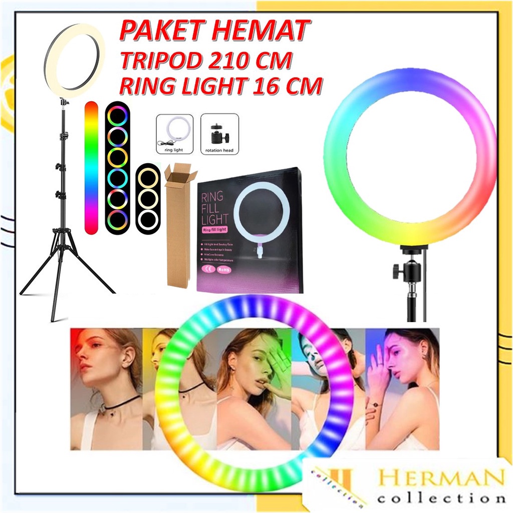 HC Ring Light LED 16cm + Tripod 2,1 Meter Make Up Vlog Lampu Live Selfie Besar Murah Import