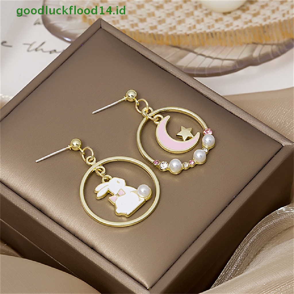 [GOOGFOUR] Lucu Fashion Asymmetric Rabbit Moon Star Stud Earrings Wanita Eardrop Perhiasan Pesta [TOP]