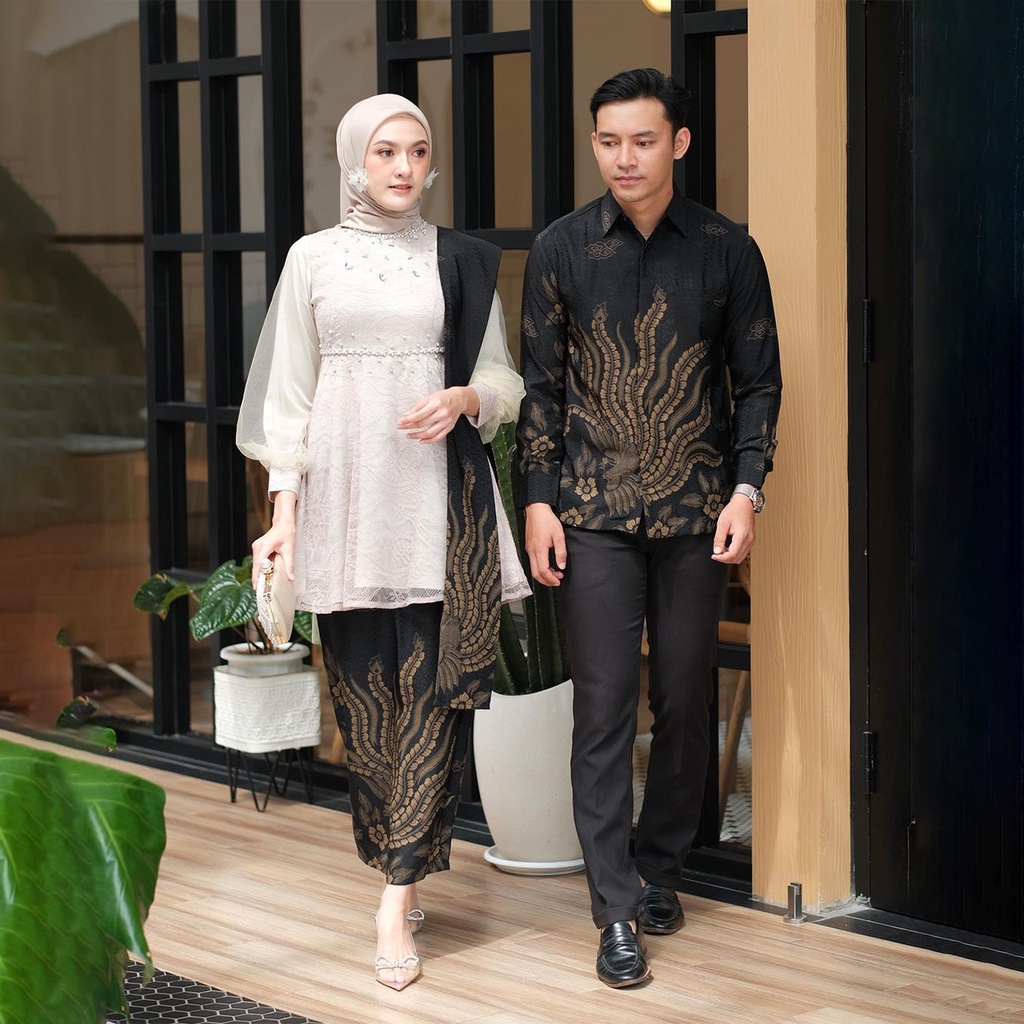 (READY CREAM DAN MAUVE) Batik Couple Brokat Kekinian Kebaya Modern Wanita Set Zevanya Lengan Panjang Baju Couple Pasangan Free Selendang