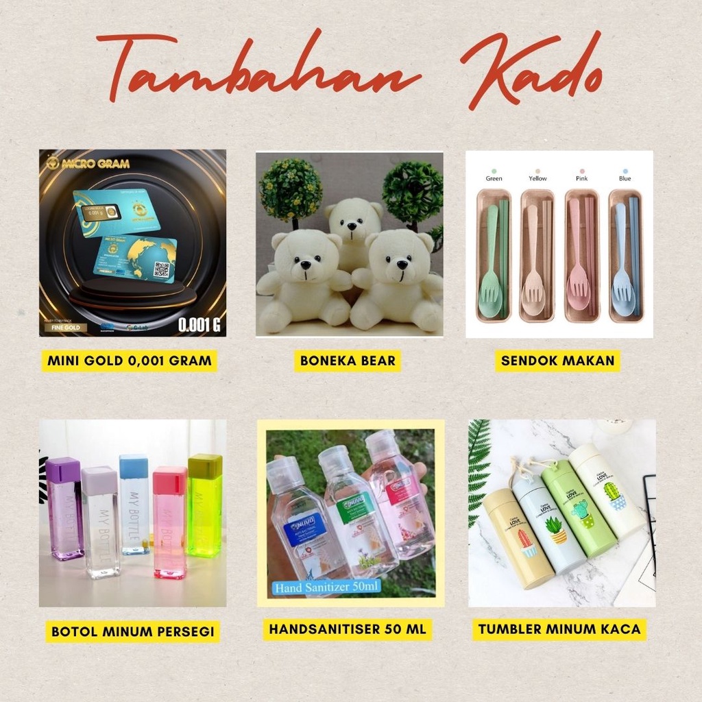 Tambahan kado part-1 Mini Gold, Boneka Bear, Sendok Makan, Botol Minum, Handsaniser, Tumbler Minum Kaca.