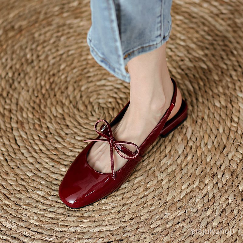 #Sisjuly# Sandal merah berongga Prancis baru wanita tebal dengan busur sepatu datar retro