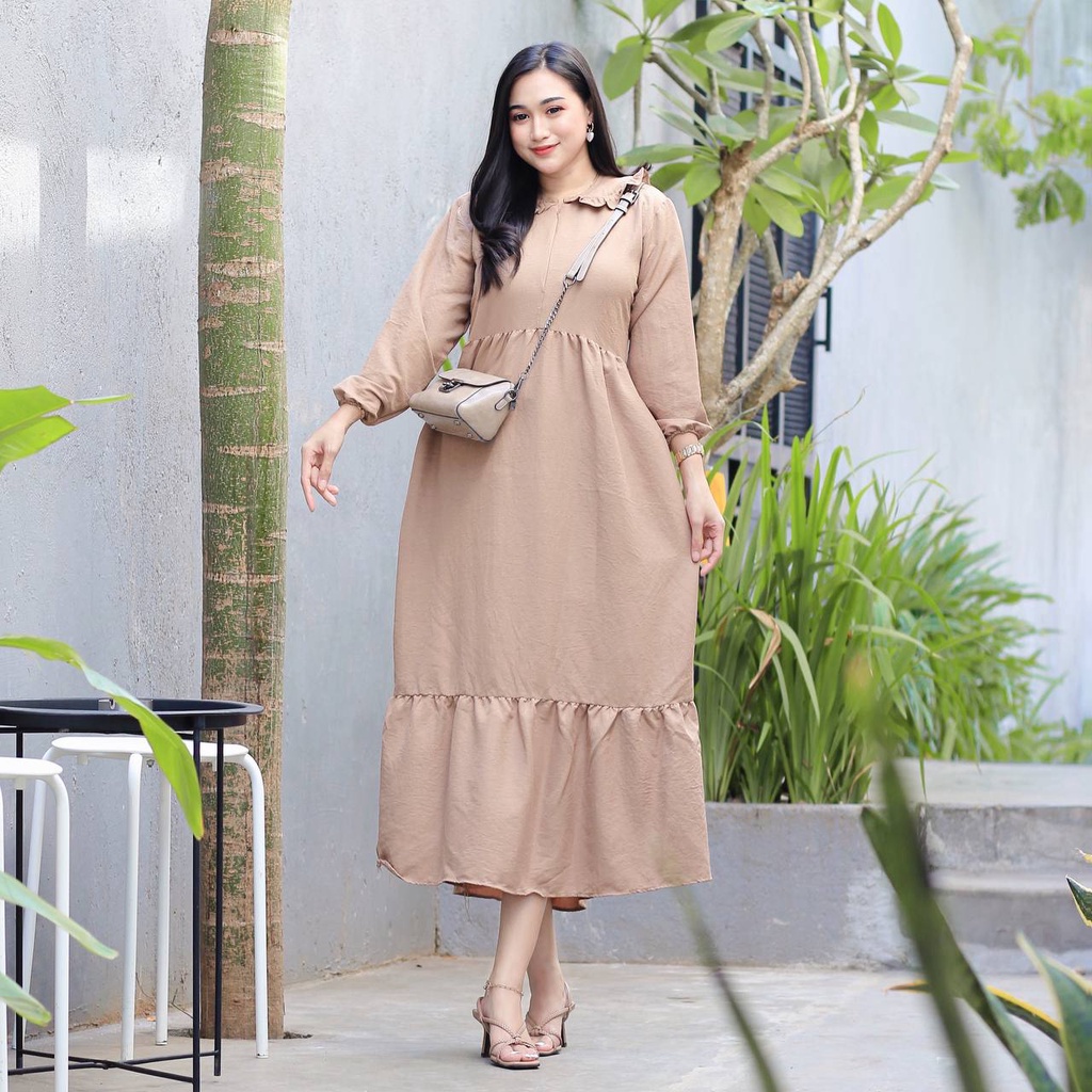 Laluna Dress Midi POLOS Busui Resleting Depan Lengan Pendek Rempel COD Gratis Ongkir