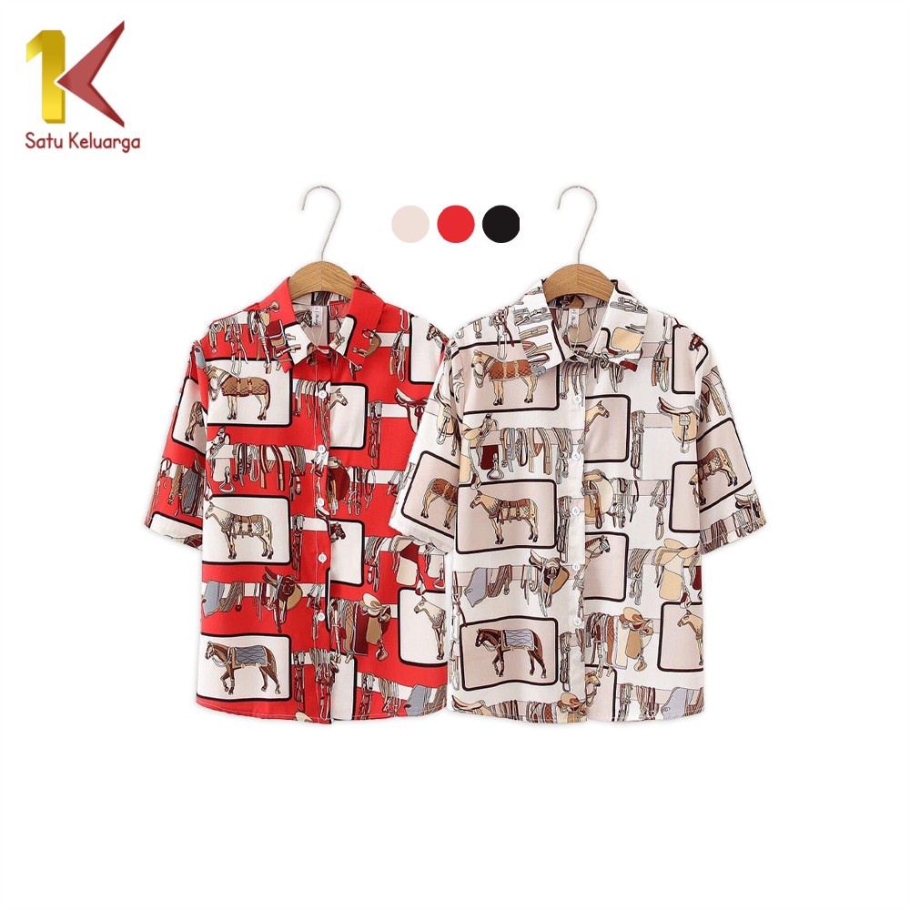 1K Kemeja Wanita Oversize Lengan Pendek Motif Blouse Style P455 Baju Wanita Shirt Fashion Street Kem