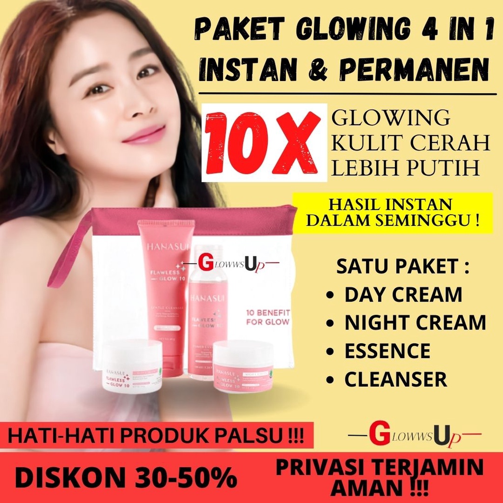 PAKET SKINCARE WAJAH GLOWING HANASUI FLAWLESS GLOW 10 PAKET LENGKAP 4IN1 PENCERAH WAJAH PERAWATAN WAJAH