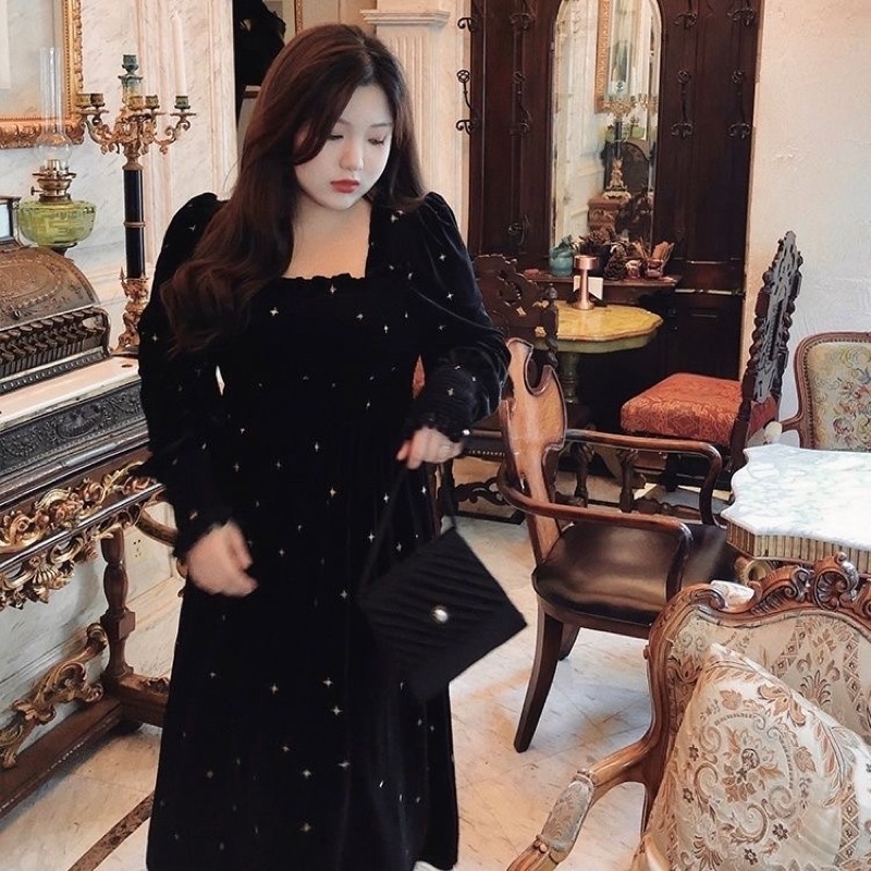 D29-32 Gaun panjang velvet bludru lengan panjang leher kotak / maxi dress square neck elegant