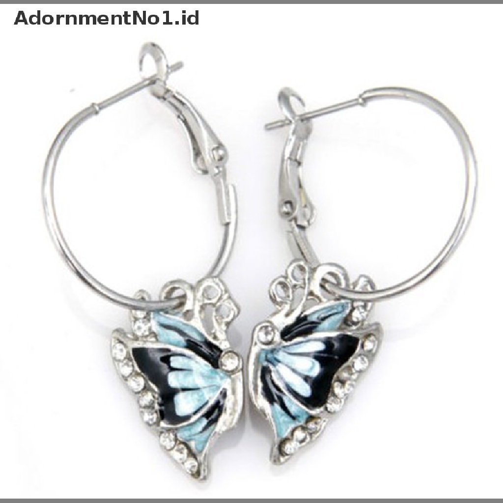 [AdornmentNo1] Fashion Lucu Kupu-Kupu Biru Kristal Perak Disepuh Hoop Huggie Earrings [ID]