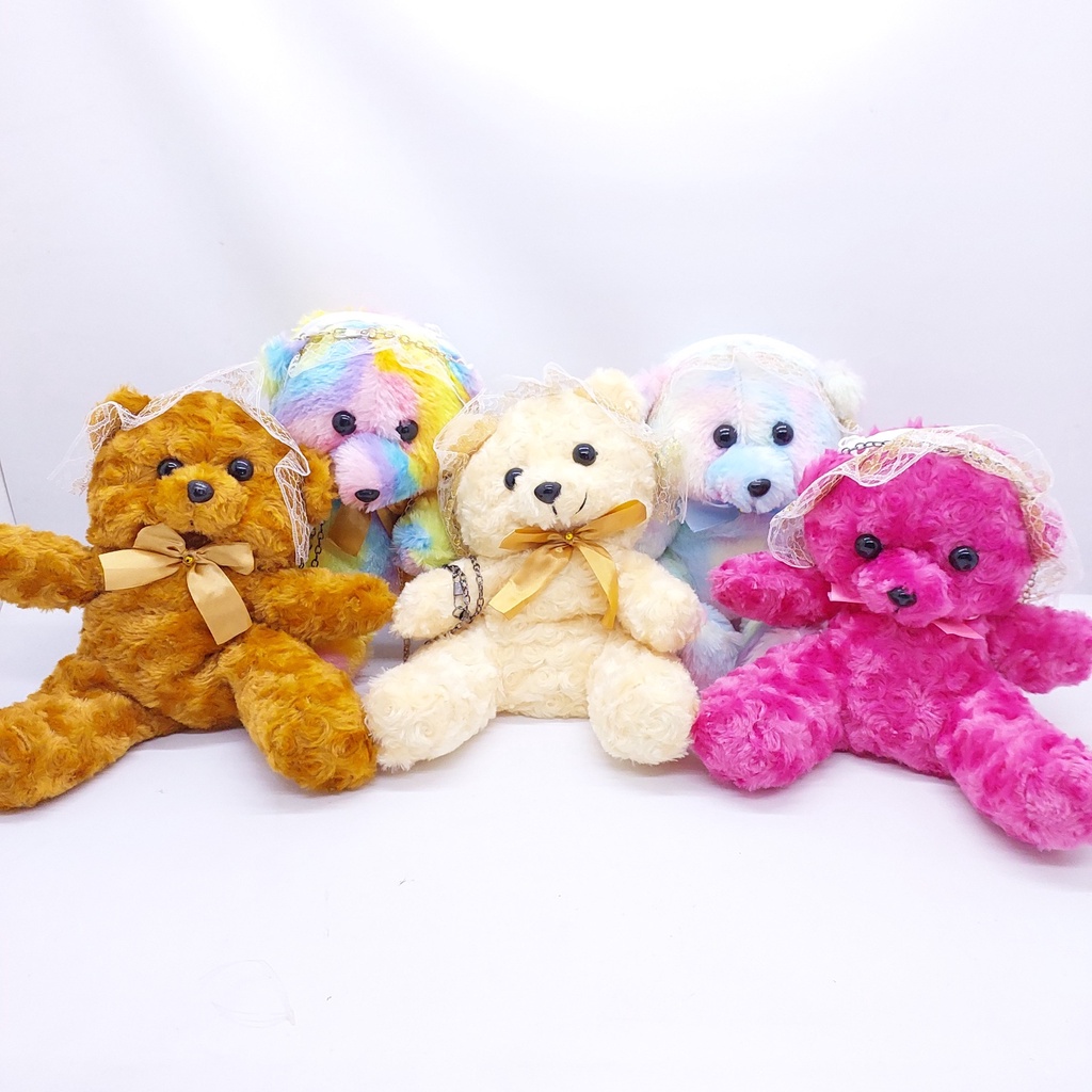 SELEMPANG BONEKA BULU TALI RANTAI / TAS TEDDY BEAR WARNA WARNI / RANSEL ANAK KUCING BULU COLORFUL RAINBOW PELANGI / BONEKA FULL BODDY KECIL