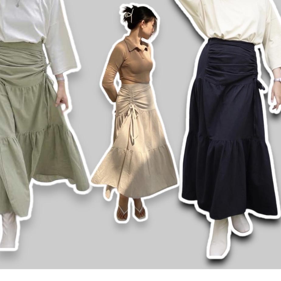 ALI347 Linen skirt Rok serut samping linen -