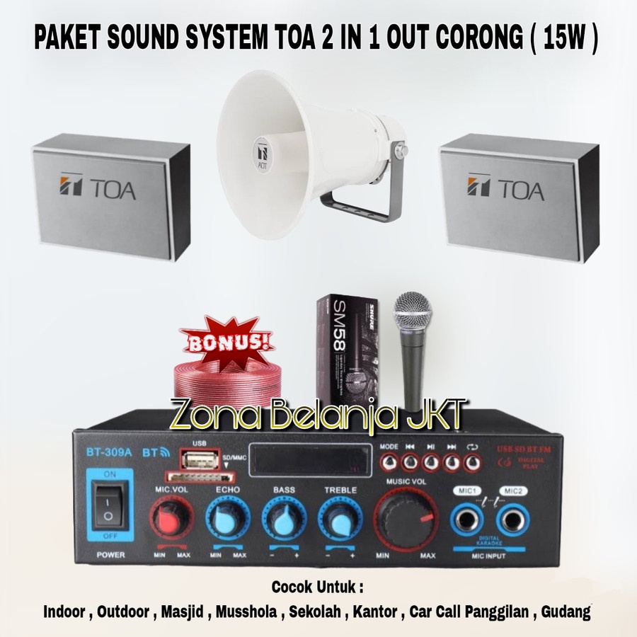 PAKET SOUND SYSTEM TOA MASJID MUSHOLLA 2 IN 1 OUT SPEAKER CORONG TOA 15W ( HEMAT 1 )