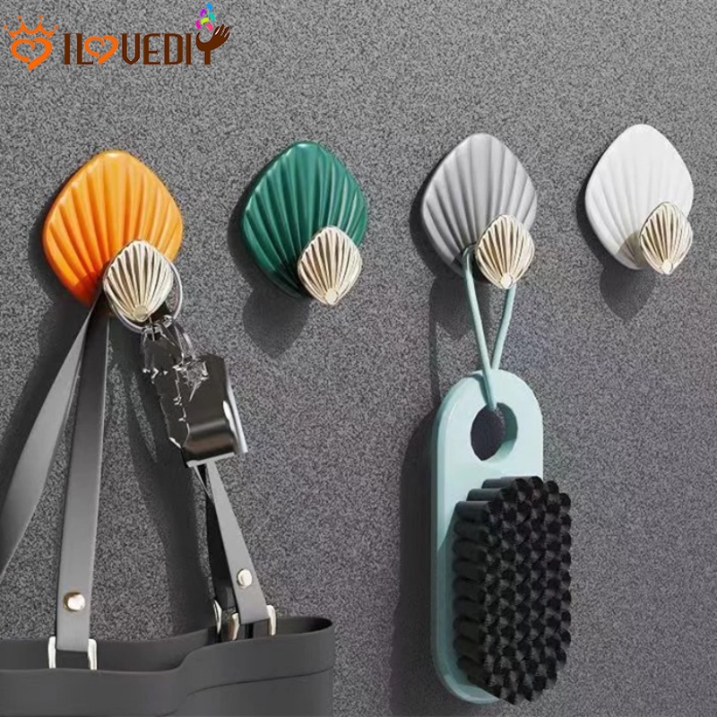 4pcs Garis Data Kunci Kalung Holder Hemat Ruang Penyimpanan Serba Serbi Gadget Handuk Brushes Handbag Rak Gantung Mode Kait Bentuk Kerang Untuk Kantor Asrama Keluarga