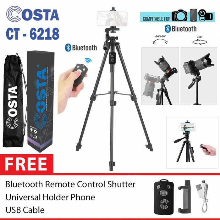 Rwk Costa Ct-6218 Tripod Kamera Remote Bluetooth Wireless + Holder Hp