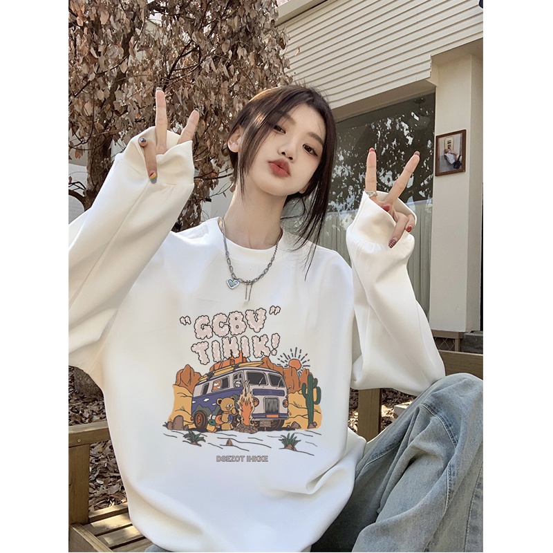 Kaos Stasan Wanita Oversize Couple Sweater American Vintage Cartoon Graphic Priting Top Kekinian Casual Sweater/baju kaos polos