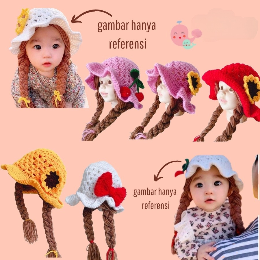 Kupluk Kepang Wig Aplikasi Bunga dan  Pita / Topi Kepang Anak Perempuan