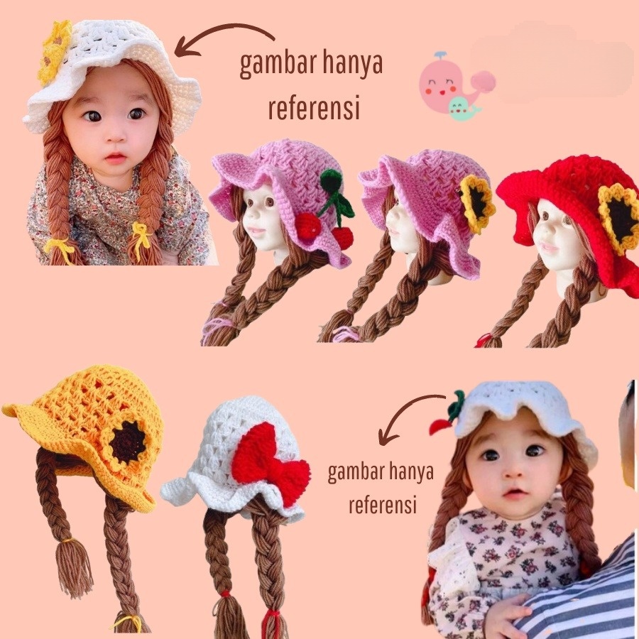 Kupluk Kepang Wig Aplikasi Bunga dan  Pita / Topi Kepang Anak Perempuan