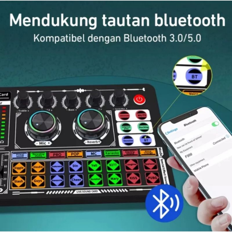 Soundcard F999 Sound Card Bluetooth compatible External Wireless DJ Mixer Pengurangan Kebisingan untuk Streaming Langsung