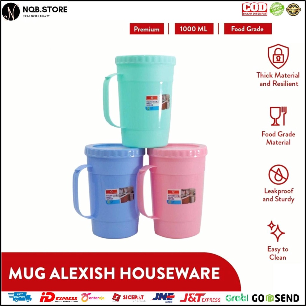 NQB - Mug Cangkir BENJI Alexish dengan Pegangan dan Tutup Putar Plastik Gelas Handle Cup