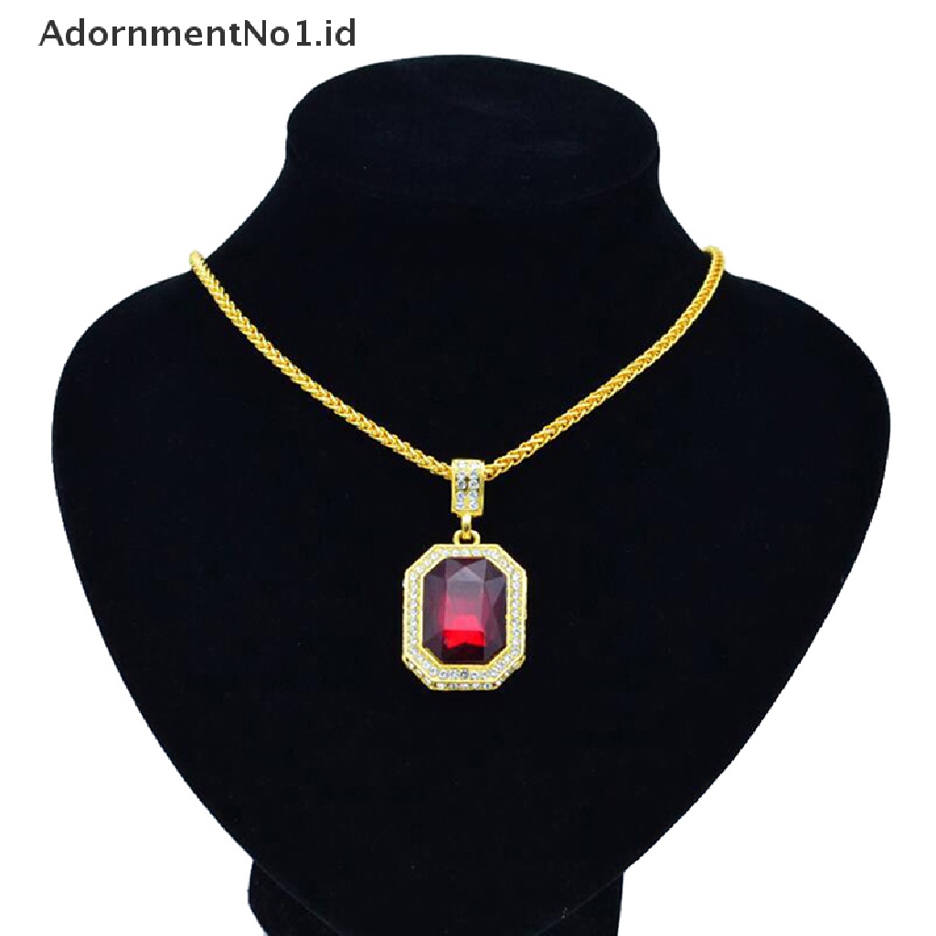 [AdornmentNo1] Bertatahkan Berlian Persegi Ruby Kalung Hip Hop Pria Liontin Batu Merah Liontin Vintage Perhiasan Kostum Aksesoris [ID]