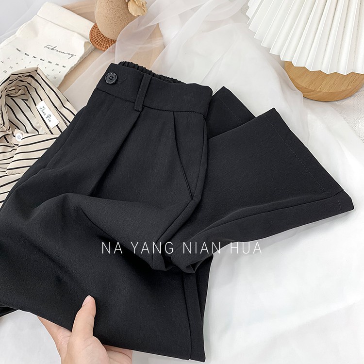 Hitam/Putih/Coklat Highwaist Straight Loose  Kasual Celana Setelan Wanita Korean