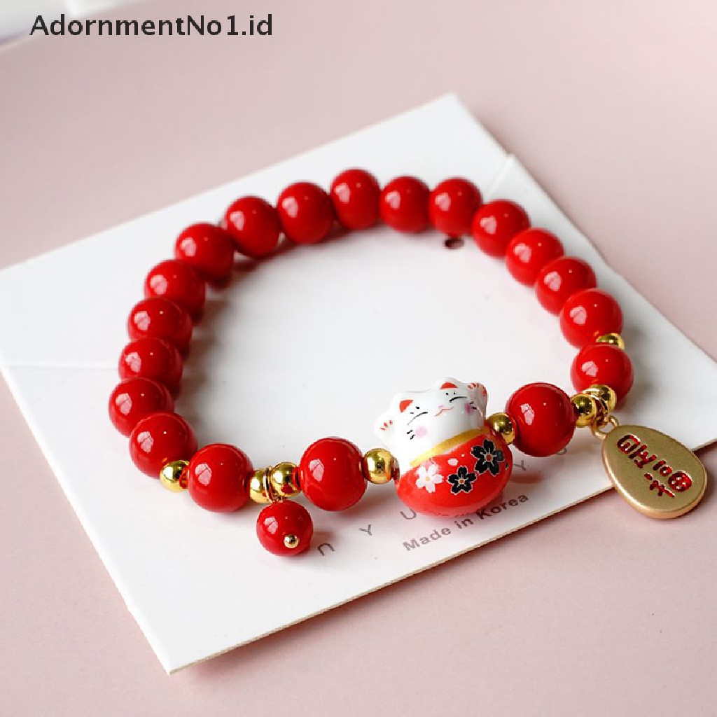 [AdornmentNo1] Red Beads Ceramic Bracelet Tali Tenun Tangan Manik Manik Plutus Kucing Stretch Bracelet [ID]