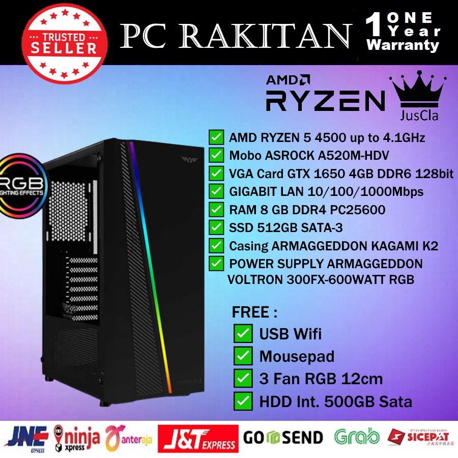 MONITOR 22&quot; + PC KOMPUTER AMD RYZEN 5 4500 4,1GHz|DDR4 8GB|VGA GTX 1650 4GB|SSD 512GB SATA|HDD 500GB|KEY+MOUSE RGB|USB WIFI